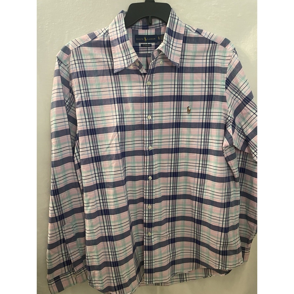 Ralph‎ Lauren Shirt Men's XL Pink And Blue Plaid Classic Fit Flesh Pony Preppy - Picture 2 of 4